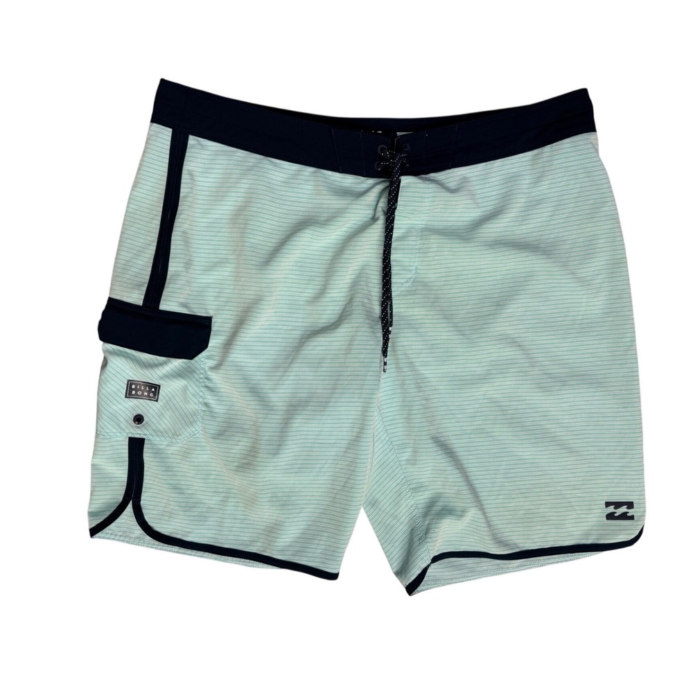 Billabong Platinum X 73 Mens Board Shorts Size 38 Mint Green Striped Surf Trunks